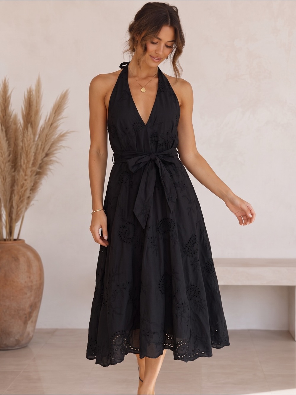 BANDOLINO Eyelet Halter Midi Dress